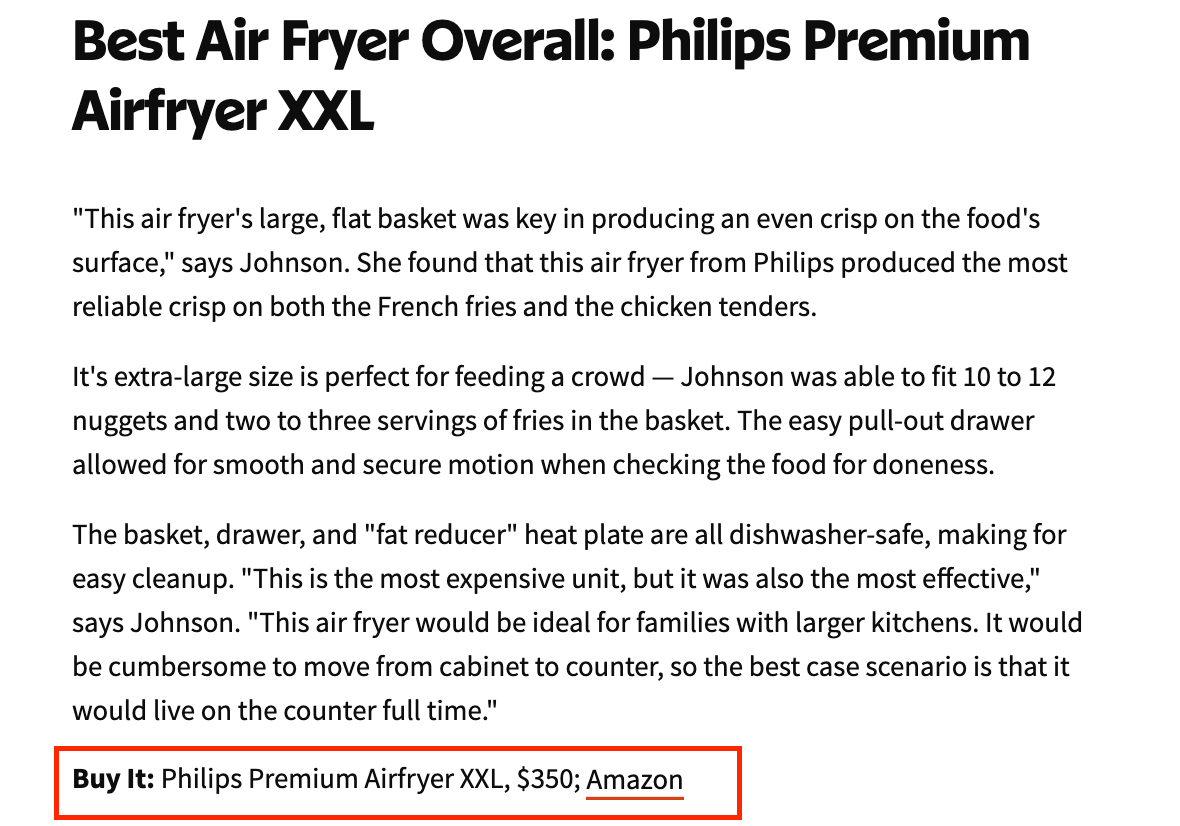 Amazon affiliate program: Air Fryer listing