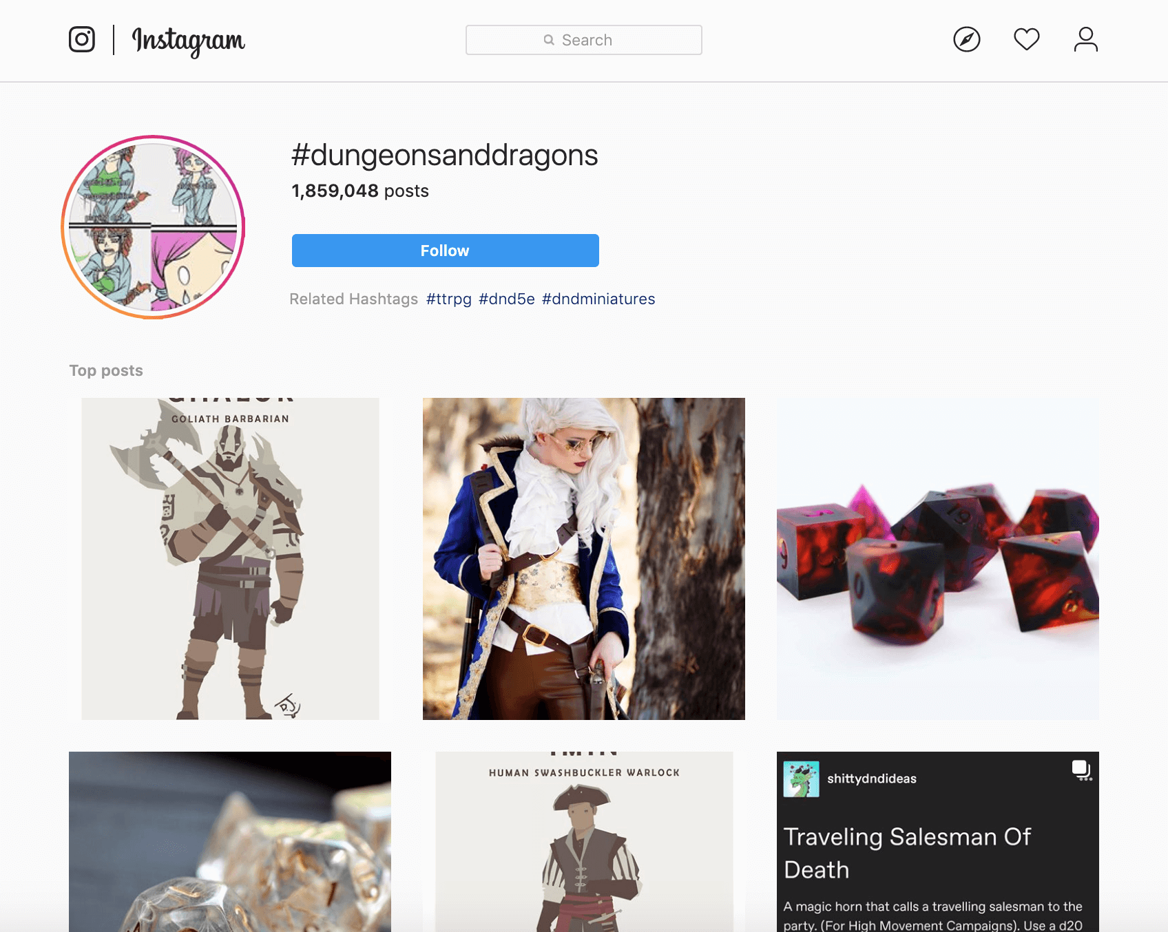 Amazon product niches: Instagram search results page for Dungeons and Dragons