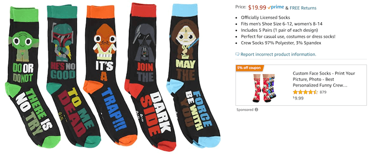 Amazon Sponsored Display ad for Star Wars socks